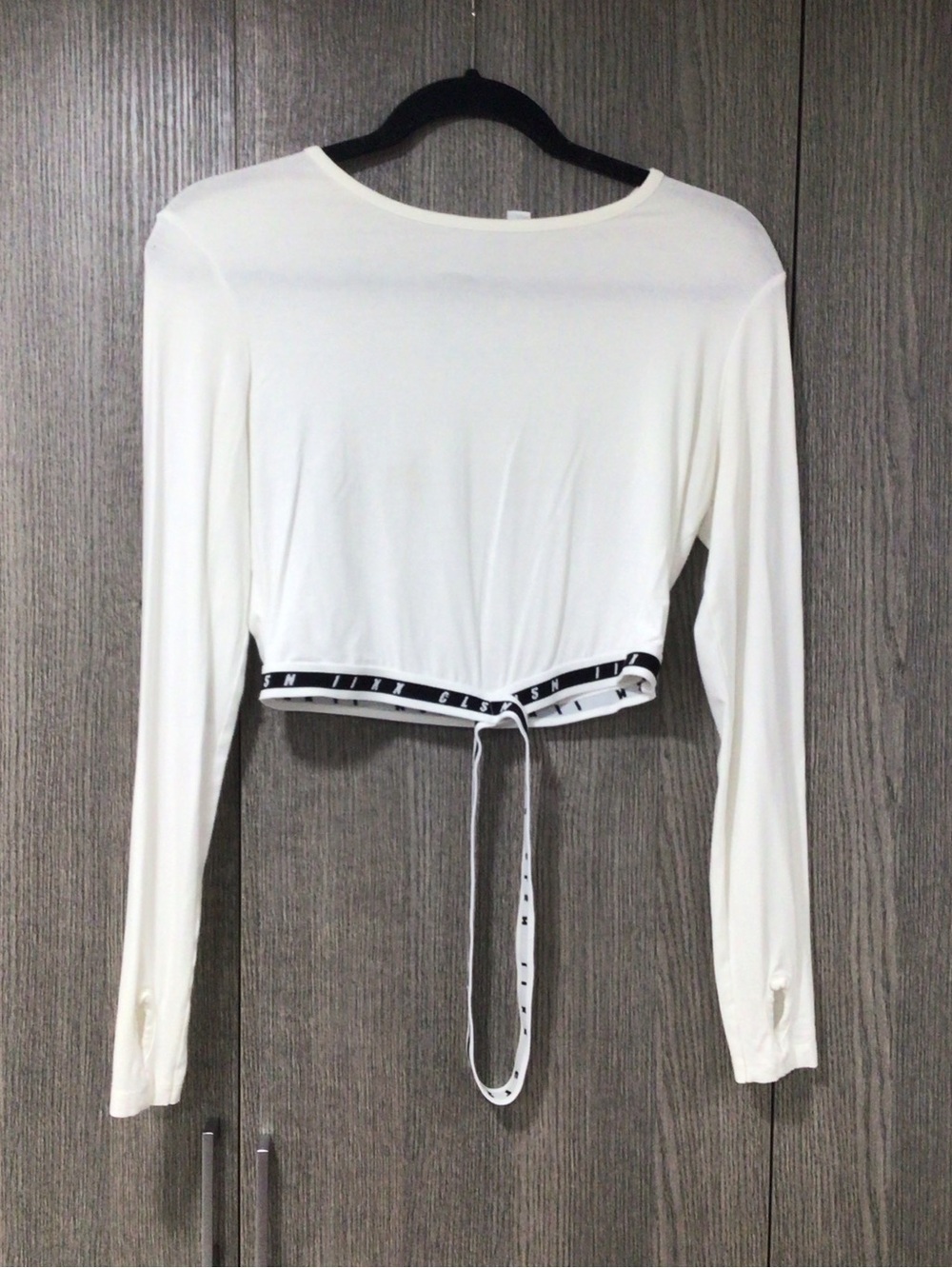 Cropped Long-Sleeve Tie-Waist Top in White with Contrast Waistband